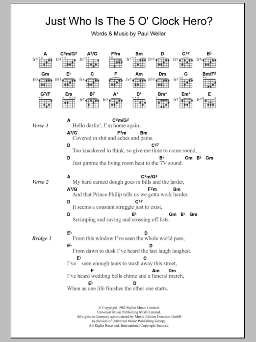 The Jam Just Who Is The 5 O'Clock Hero? Sheet Music Notes & Chords for Lyrics & Chords - Download or Print PDF