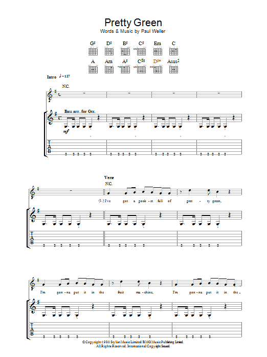 The Jam Pretty Green Sheet Music Notes & Chords for Guitar Tab - Download or Print PDF