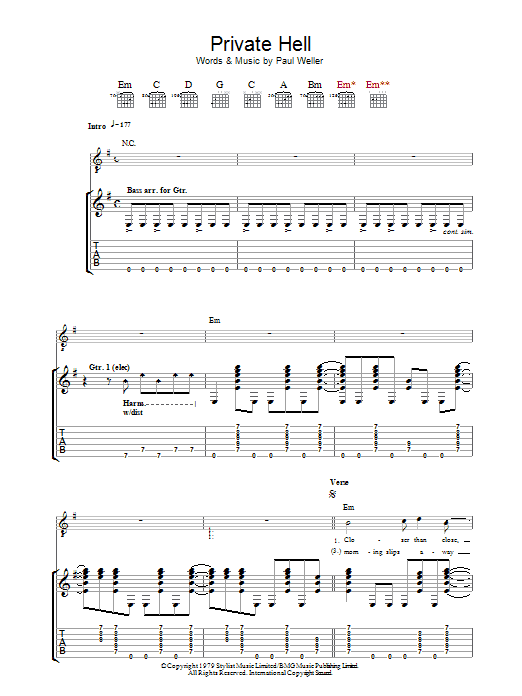 The Jam Private Hell Sheet Music Notes & Chords for Guitar Tab - Download or Print PDF