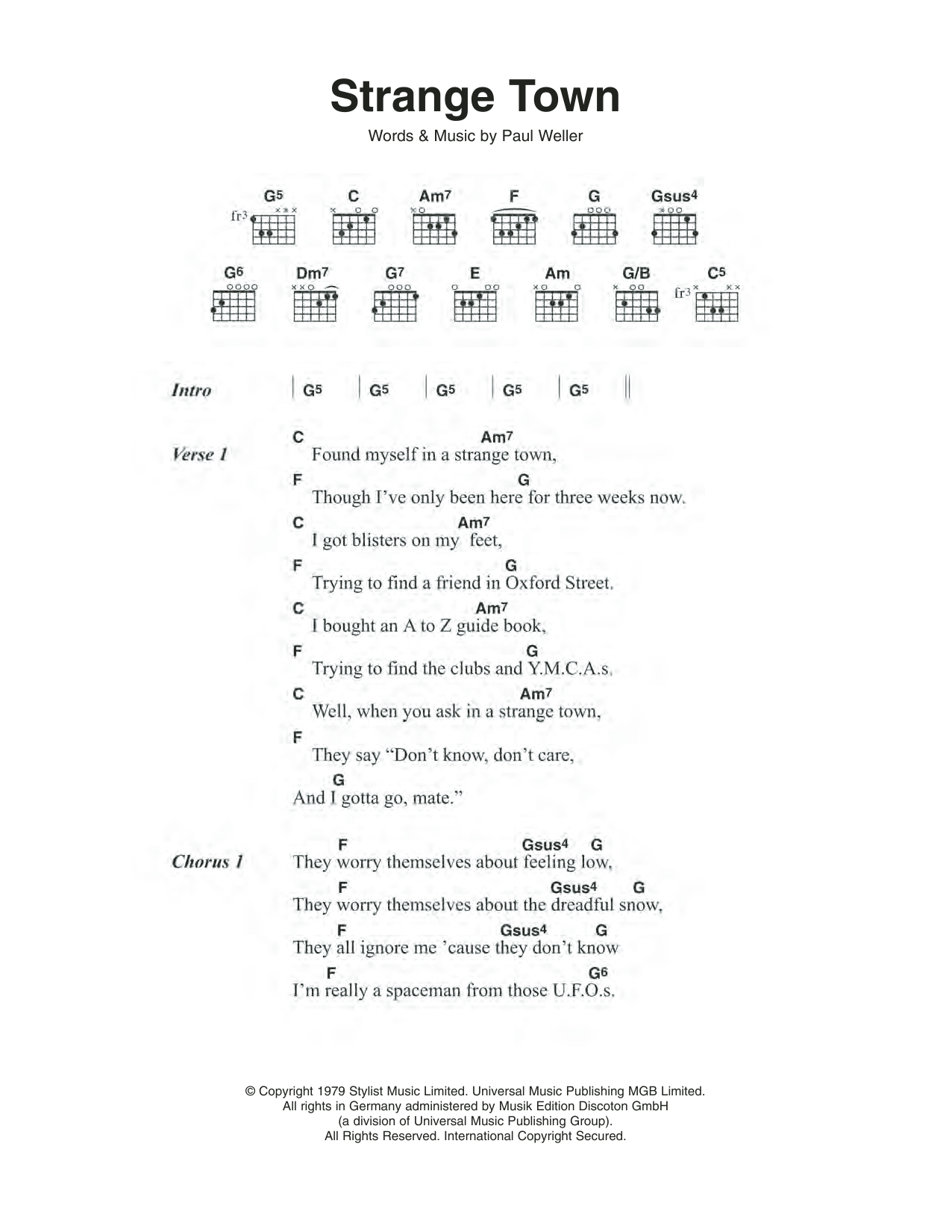 The Jam Strange Town Sheet Music Notes & Chords for Lyrics & Chords - Download or Print PDF