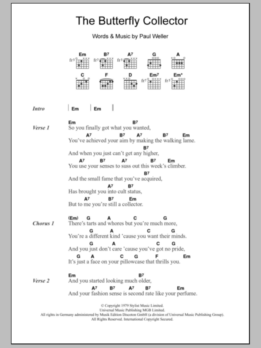 The Jam The Butterfly Collector Sheet Music Notes & Chords for Lyrics & Chords - Download or Print PDF