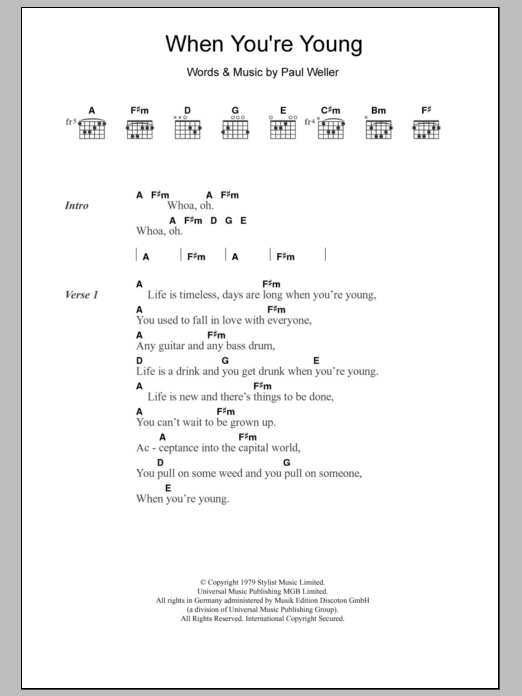 The Jam When You're Young Sheet Music Notes & Chords for Lyrics & Chords - Download or Print PDF