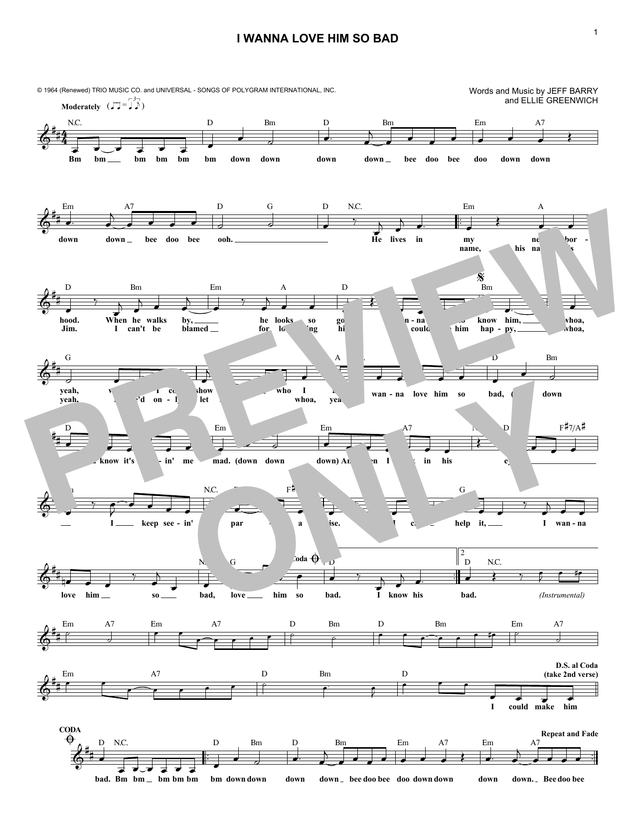 The Jelly Beans I Wanna Love Him So Bad Sheet Music Notes & Chords for Melody Line, Lyrics & Chords - Download or Print PDF