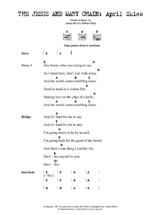 The Jesus And Mary Chain April Skies Sheet Music Notes & Chords for Lyrics & Chords - Download or Print PDF