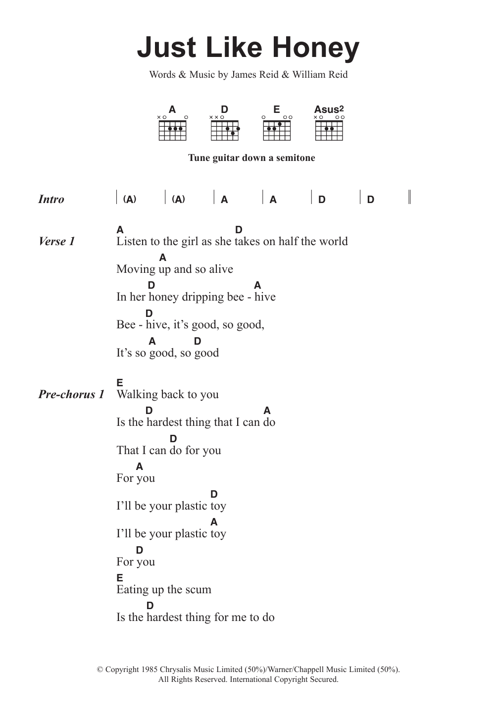 The Jesus And Mary Chain Just Like Honey Sheet Music Notes & Chords for Lyrics & Chords - Download or Print PDF