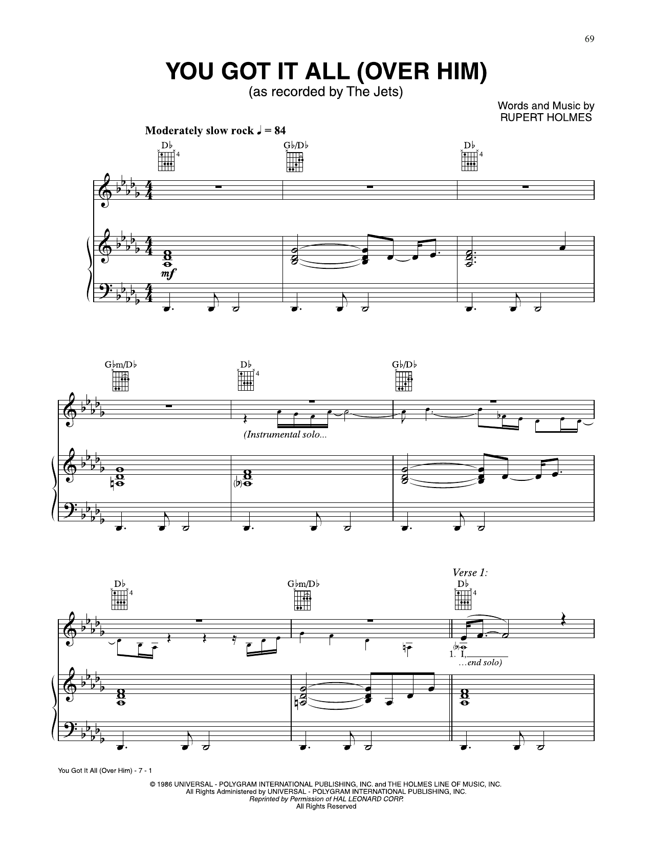 The Jets You Got It All (Over Him) Sheet Music Notes & Chords for Piano, Vocal & Guitar Chords (Right-Hand Melody) - Download or Print PDF