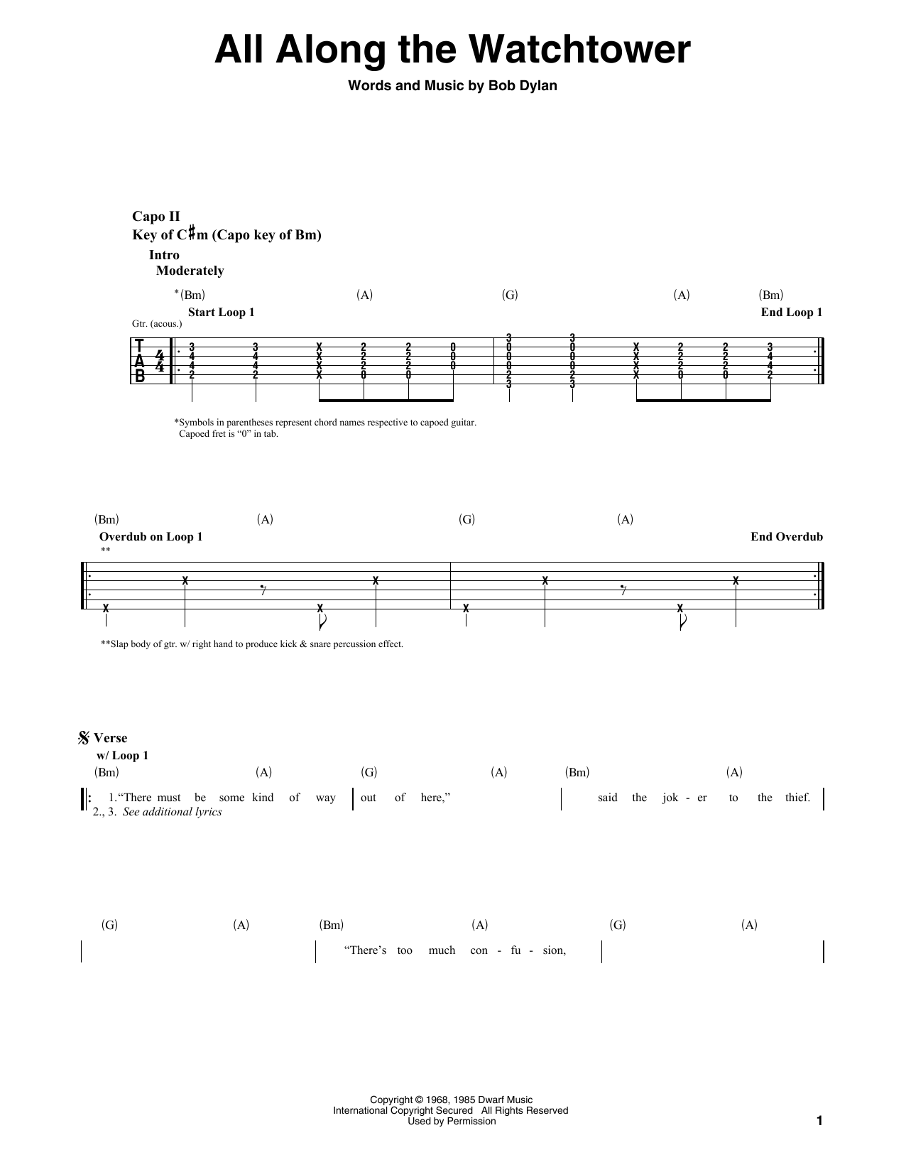 The Jimi Hendrix Experience All Along The Watchtower Sheet Music Notes & Chords for Guitar Tab (Single Guitar) - Download or Print PDF