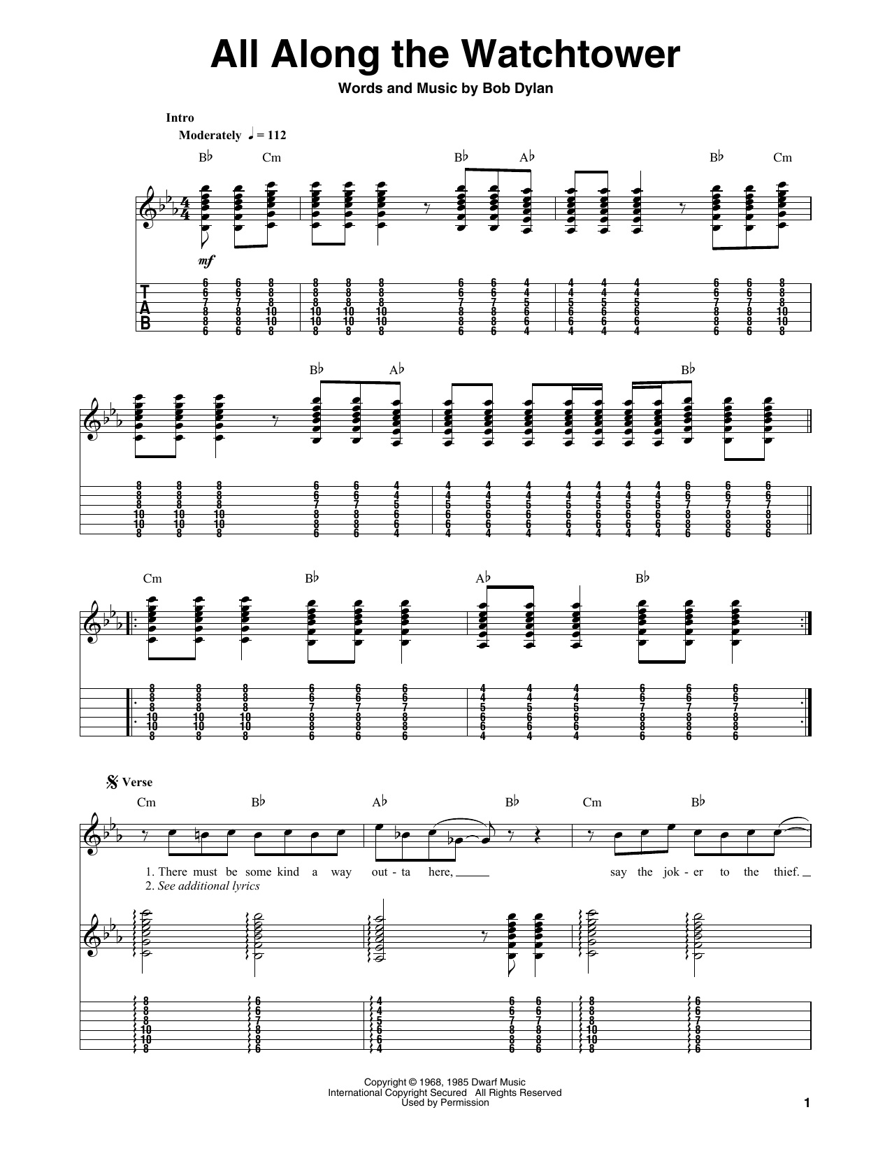 The Jimi Hendrix Experience All Along The Watchtower Sheet Music Notes & Chords for Guitar Tab (Single Guitar) - Download or Print PDF