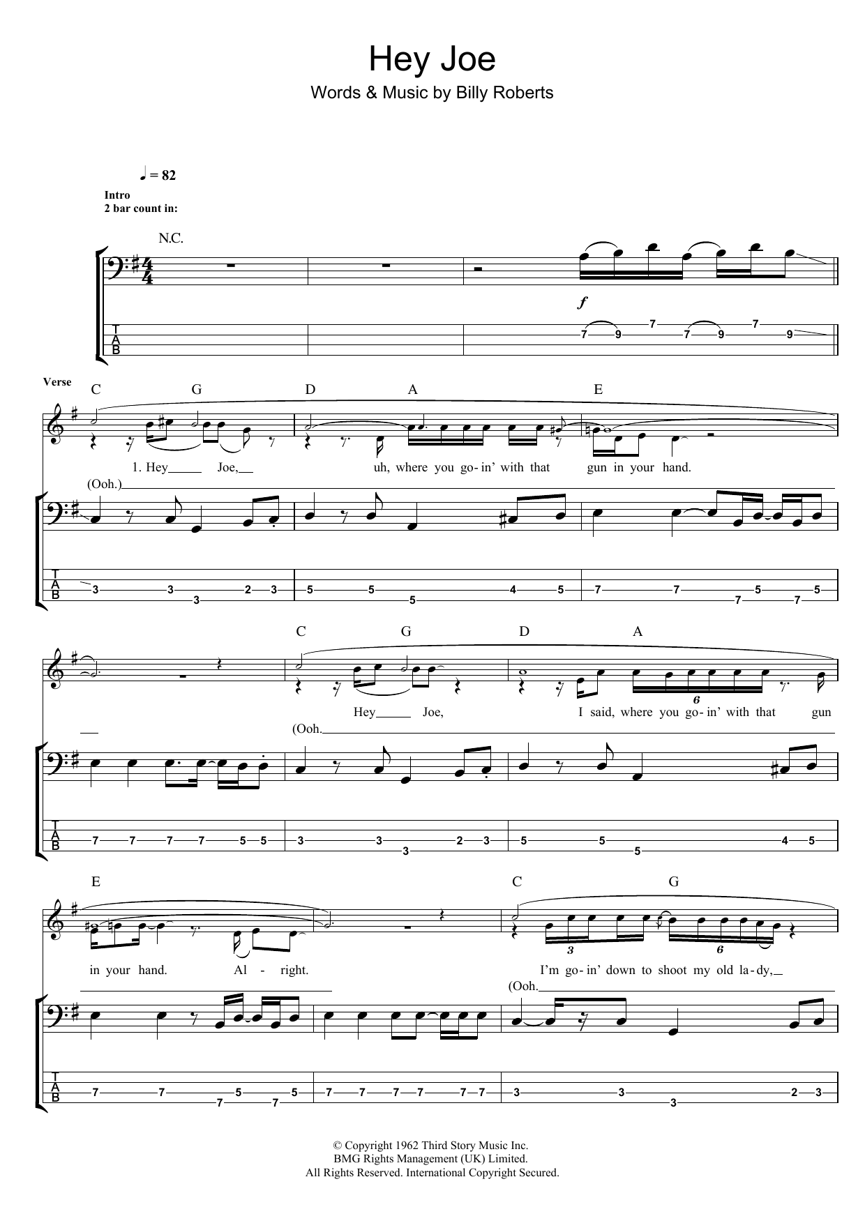 The Jimi Hendrix Experience Hey Joe Sheet Music Notes & Chords for Bass Guitar Tab - Download or Print PDF