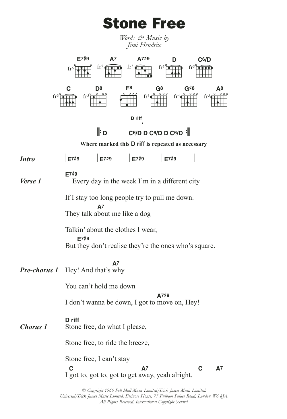 The Jimi Hendrix Experience Stone Free Sheet Music Notes & Chords for Guitar Chords/Lyrics - Download or Print PDF