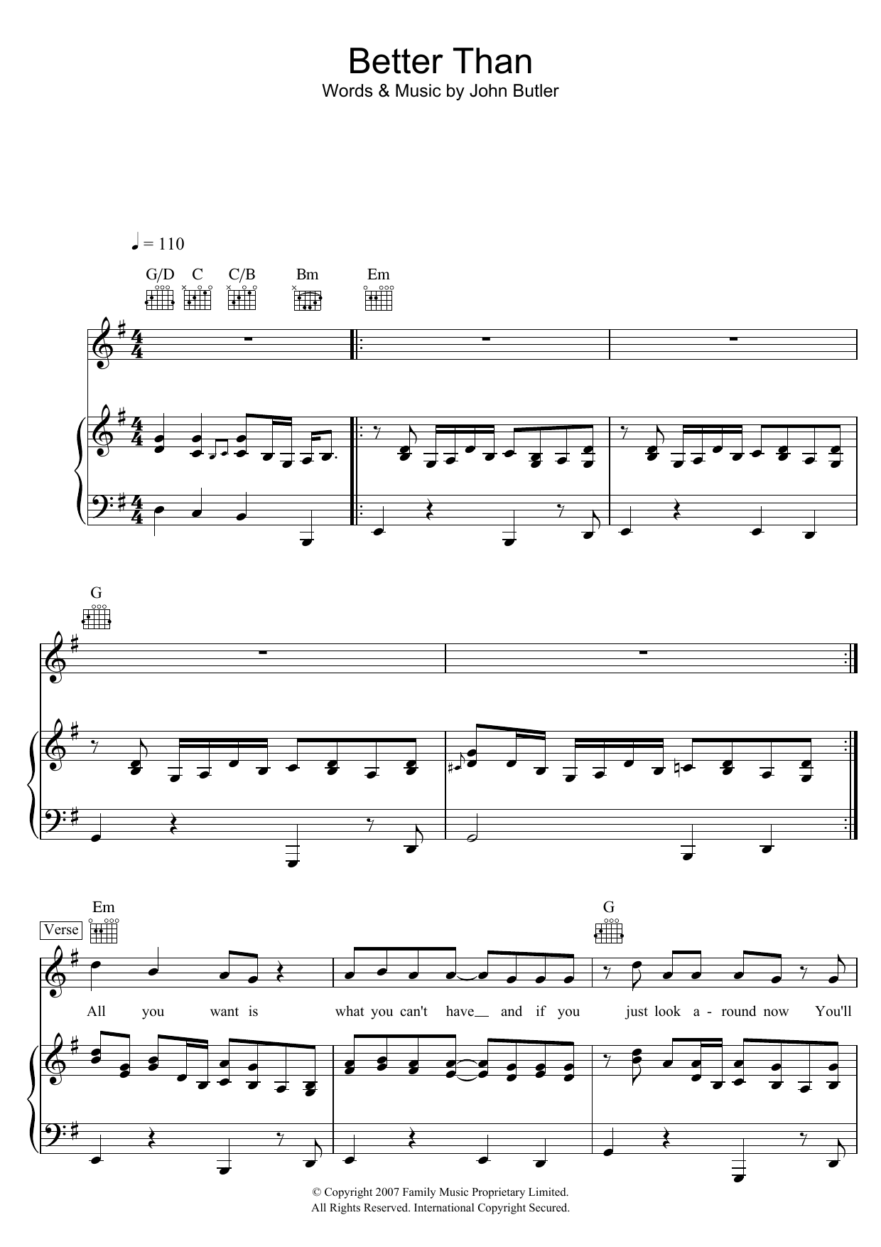 The John Butler Trio Better Than Sheet Music Notes & Chords for Piano, Vocal & Guitar (Right-Hand Melody) - Download or Print PDF