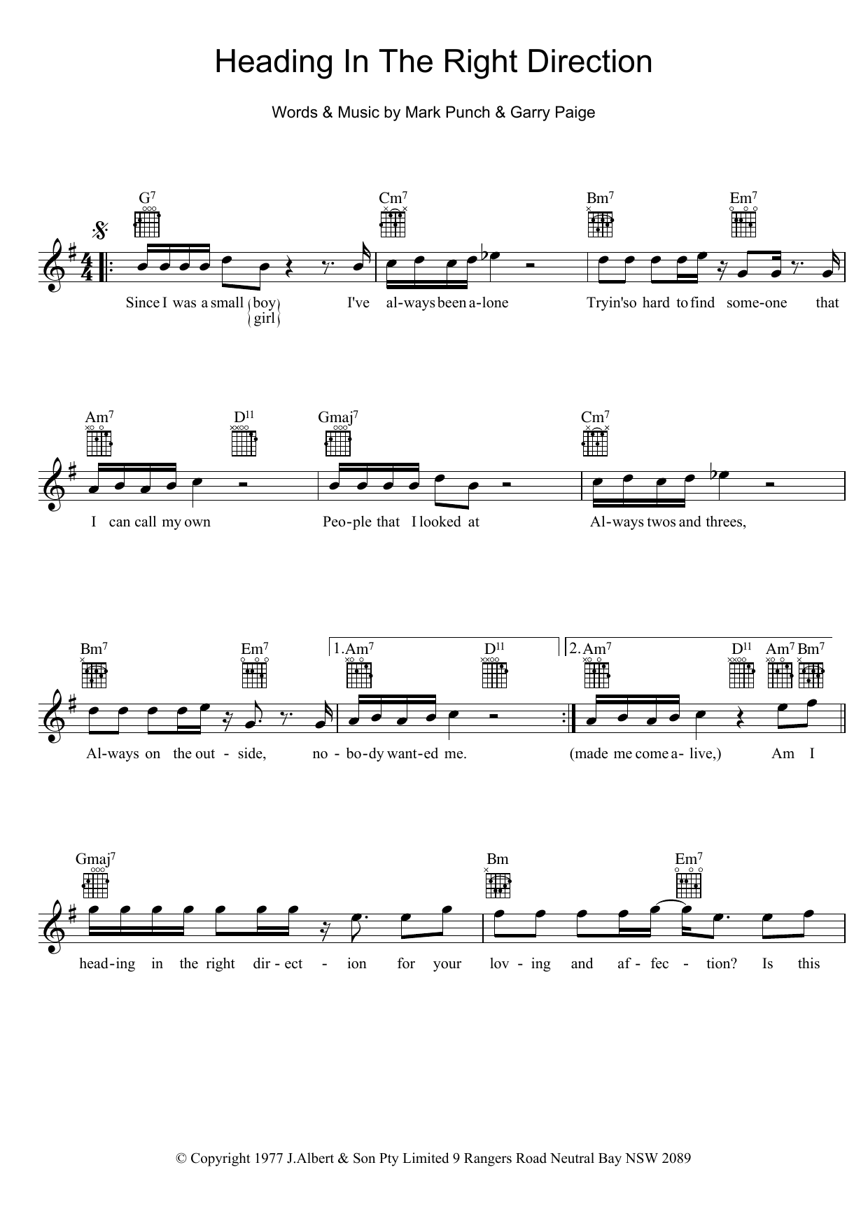 The Johnny Rocco Band Heading In The Right Direction Sheet Music Notes & Chords for Melody Line, Lyrics & Chords - Download or Print PDF