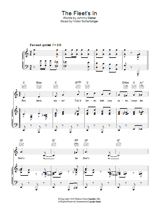 The Johnson Brothers The Fleet's In Sheet Music Notes & Chords for Piano, Vocal & Guitar (Right-Hand Melody) - Download or Print PDF