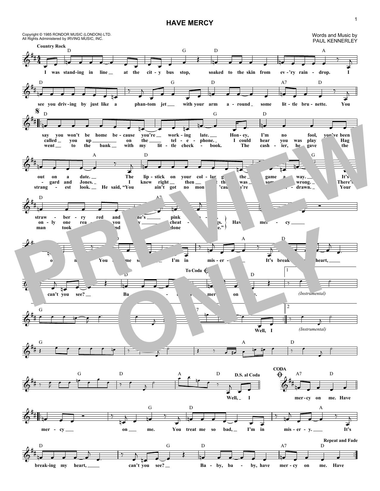 The Judds Have Mercy Sheet Music Notes & Chords for Melody Line, Lyrics & Chords - Download or Print PDF