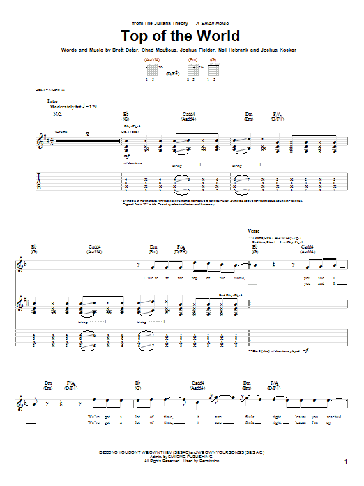 The Juliana Theory Top Of The World Sheet Music Notes & Chords for Guitar Tab - Download or Print PDF The Juliana Theory Top Of The World Sheet Music Notes & Chords for Guitar Tab - Download or Print PDF