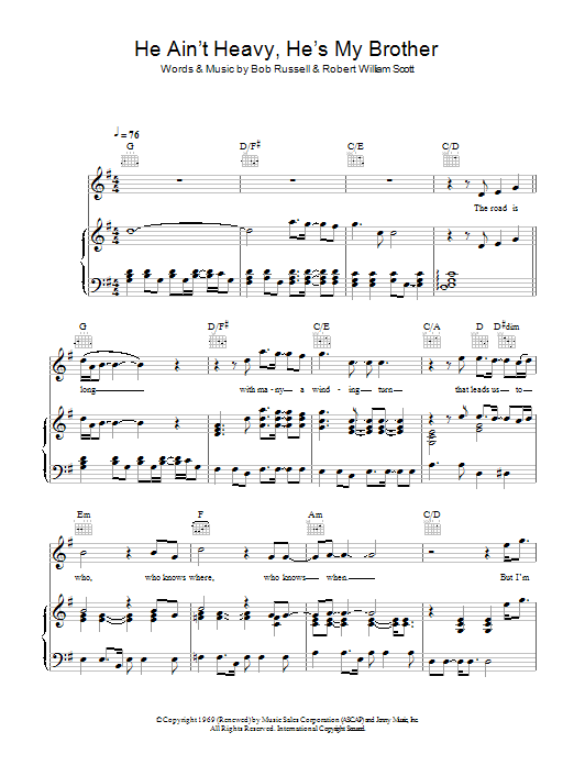 The Justice Collective He Ain't Heavy, He's My Brother Sheet Music Notes & Chords for Easy Piano - Download or Print PDF