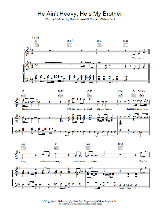 The Justice Collective He Ain't Heavy, He's My Brother Sheet Music Notes & Chords for Piano, Vocal & Guitar (Right-Hand Melody) - Download or Print PDF