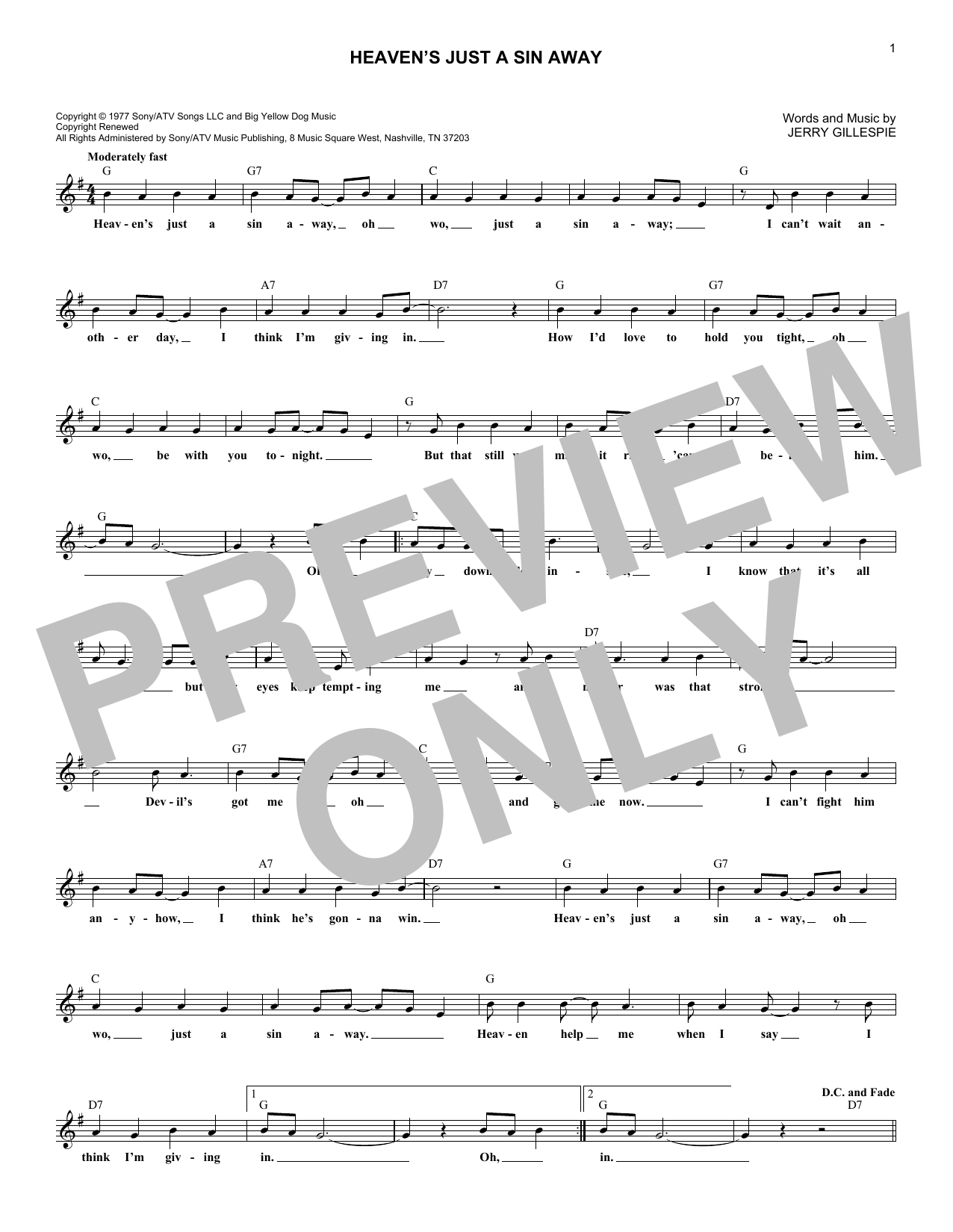 The Kendalls Heaven's Just A Sin Away Sheet Music Notes & Chords for Melody Line, Lyrics & Chords - Download or Print PDF