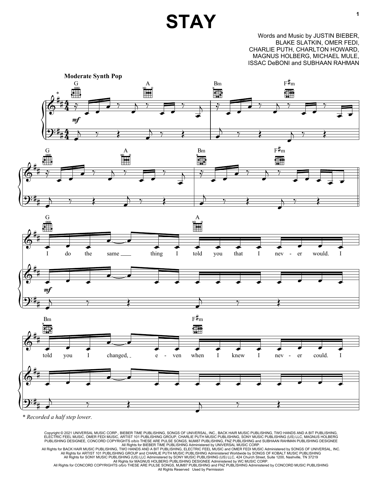 The Kid LAROI Stay (feat. Justin Bieber) Sheet Music Notes & Chords for Easy Piano - Download or Print PDF