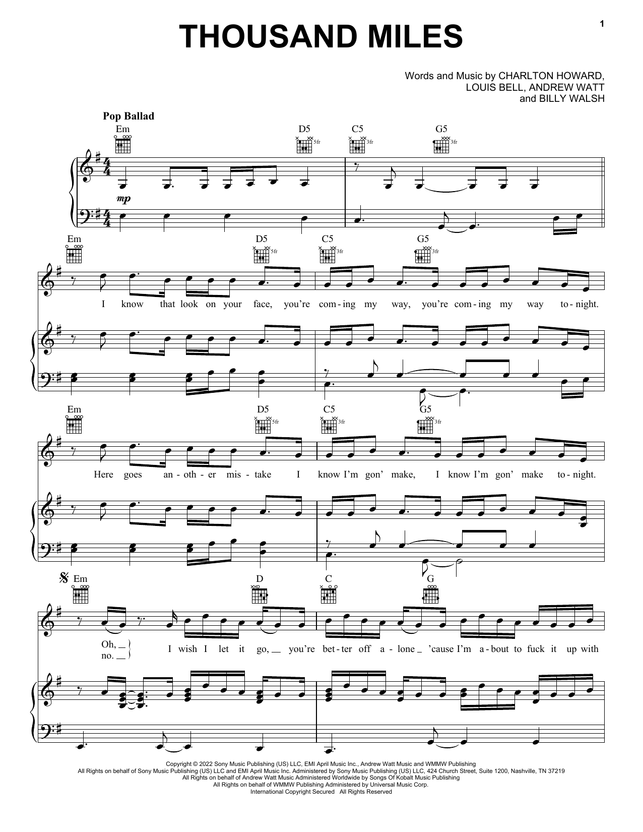 The Kid LAROI Thousand Miles Sheet Music Notes & Chords for Piano, Vocal & Guitar Chords (Right-Hand Melody) - Download or Print PDF