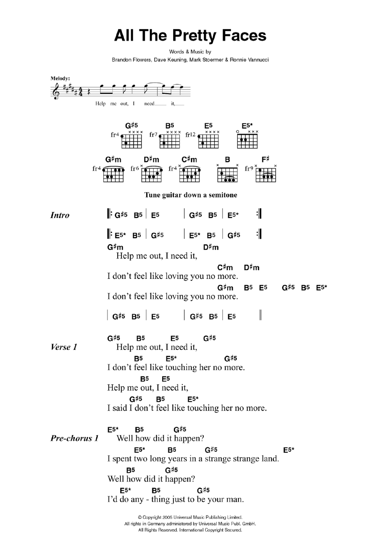 The Killers All The Pretty Faces Sheet Music Notes & Chords for Lyrics & Chords - Download or Print PDF