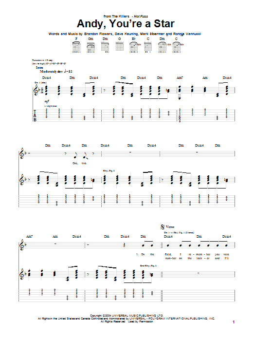 The Killers Andy You're A Star Sheet Music Notes & Chords for Lyrics & Chords - Download or Print PDF