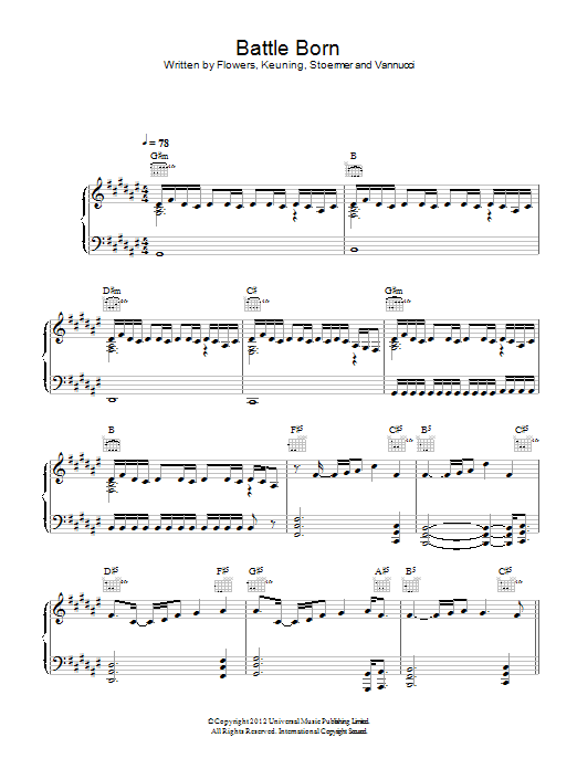 The Killers Battle Born Sheet Music Notes & Chords for Piano, Vocal & Guitar (Right-Hand Melody) - Download or Print PDF