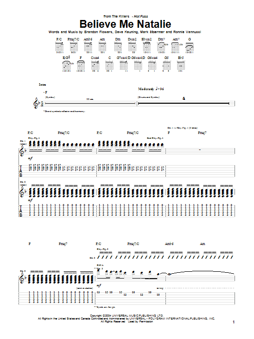 The Killers Believe Me Natalie Sheet Music Notes & Chords for Guitar Tab - Download or Print PDF