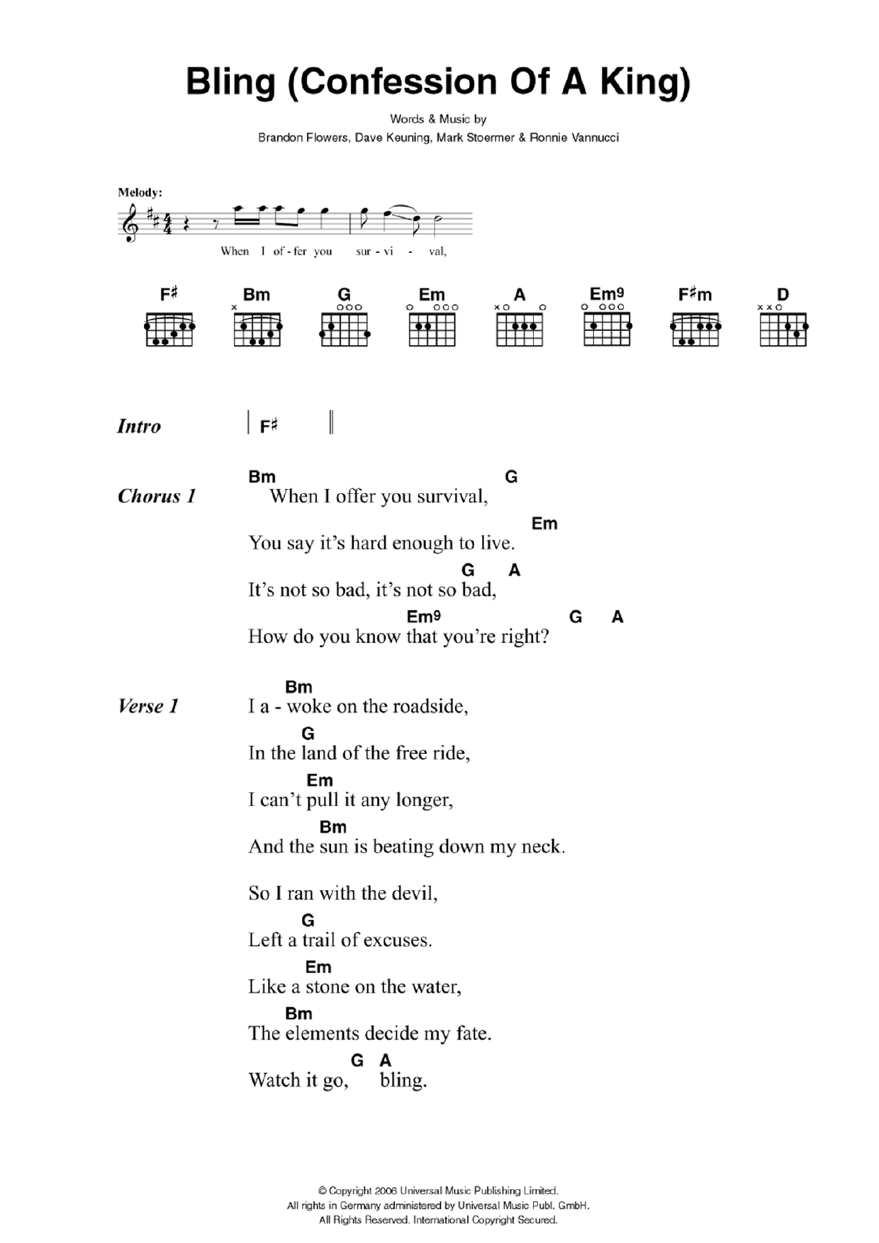 The Killers Bling (Confession Of A King) Sheet Music Notes & Chords for Lyrics & Chords - Download or Print PDF