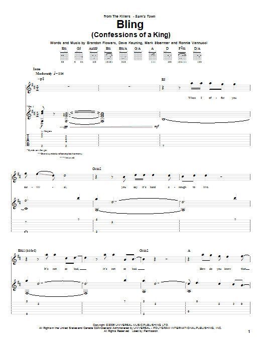 The Killers Bling (Confessions Of A King) Sheet Music Notes & Chords for Guitar Tab - Download or Print PDF