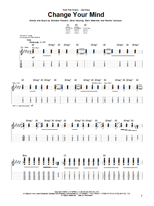 The Killers Change Your Mind Sheet Music Notes & Chords for Guitar Tab - Download or Print PDF