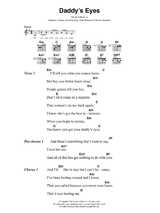 The Killers Daddy's Eyes Sheet Music Notes & Chords for Lyrics & Chords - Download or Print PDF