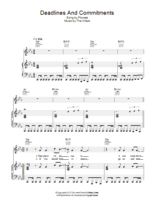 The Killers Deadlines And Commitments Sheet Music Notes & Chords for Piano, Vocal & Guitar (Right-Hand Melody) - Download or Print PDF The Killers Deadlines And Commitments Sheet Music Notes & Chords for Piano, Vocal & Guitar (Right-Hand Melody) - Download or Print PDF
