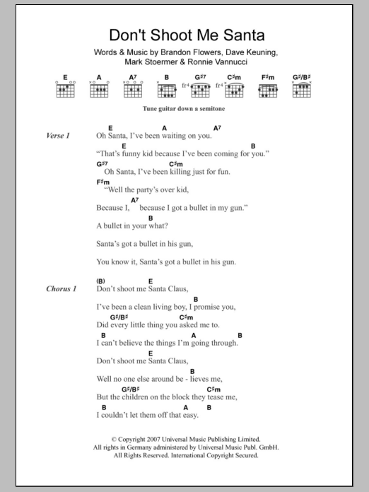 The Killers Don't Shoot Me Santa Sheet Music Notes & Chords for Lyrics & Piano Chords - Download or Print PDF