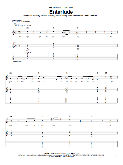 The Killers Enterlude Sheet Music Notes & Chords for Lyrics & Chords - Download or Print PDF