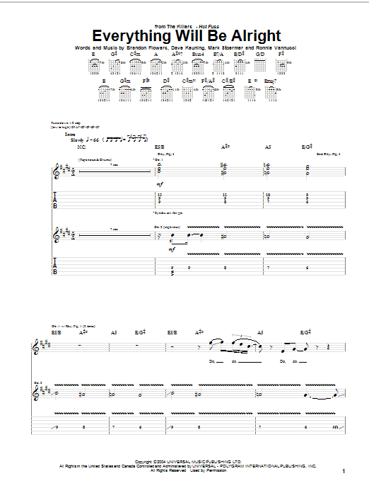 The Killers Everything Will Be Alright Sheet Music Notes & Chords for Guitar Tab - Download or Print PDF