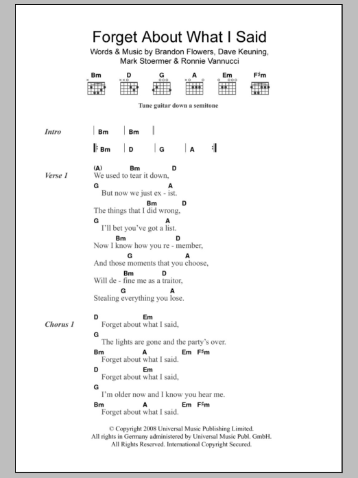 The Killers Forget About What I Said Sheet Music Notes & Chords for Lyrics & Chords - Download or Print PDF