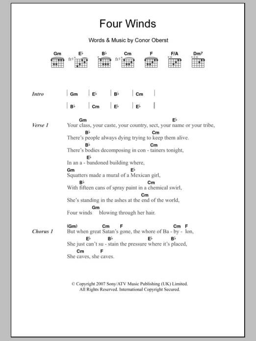 The Killers Four Winds Sheet Music Notes & Chords for Lyrics & Chords - Download or Print PDF