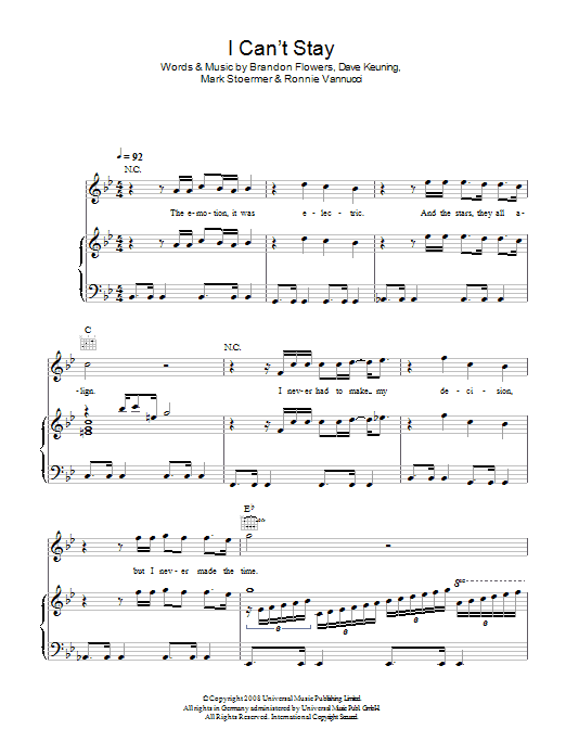 The Killers I Can't Stay Sheet Music Notes & Chords for Piano, Vocal & Guitar (Right-Hand Melody) - Download or Print PDF
