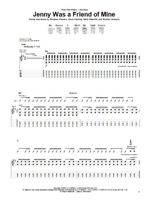 The Killers Jenny Was A Friend Of Mine Sheet Music Notes & Chords for Guitar Tab - Download or Print PDF