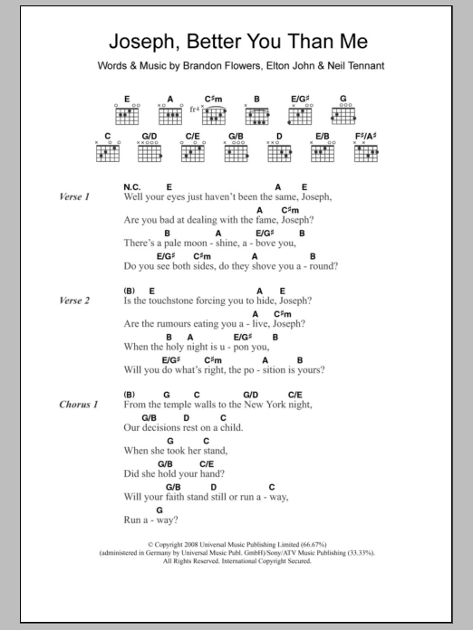 The Killers Joseph, Better You Than Me Sheet Music Notes & Chords for Lyrics & Chords - Download or Print PDF