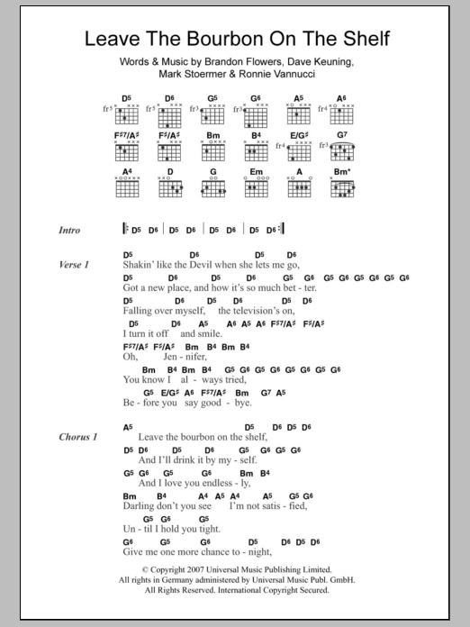 The Killers Leave The Bourbon On The Shelf Sheet Music Notes & Chords for Lyrics & Chords - Download or Print PDF