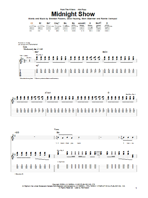 The Killers Midnight Show Sheet Music Notes & Chords for Guitar Tab - Download or Print PDF