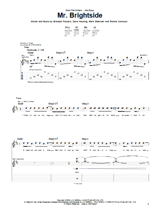 The Killers Mr. Brightside Sheet Music Notes & Chords for Easy Guitar Tab - Download or Print PDF