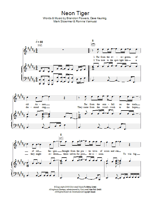 The Killers Neon Tiger Sheet Music Notes & Chords for Piano, Vocal & Guitar (Right-Hand Melody) - Download or Print PDF