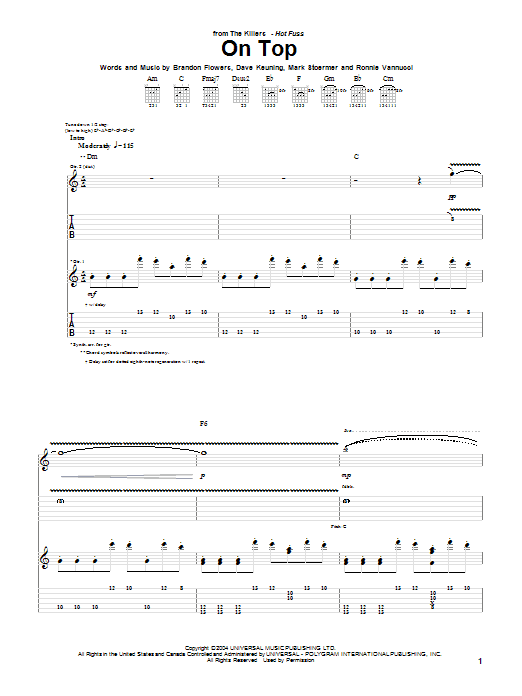 The Killers On Top Sheet Music Notes & Chords for Guitar Tab - Download or Print PDF