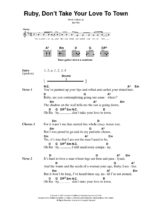 The Killers Ruby, Don't Take Your Love To Town Sheet Music Notes & Chords for Lyrics & Chords - Download or Print PDF