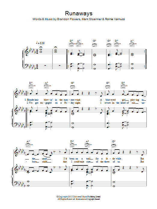 The Killers Runaways Sheet Music Notes & Chords for Piano, Vocal & Guitar (Right-Hand Melody) - Download or Print PDF