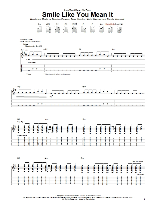 The Killers Smile Like You Mean It Sheet Music Notes & Chords for Piano, Vocal & Guitar (Right-Hand Melody) - Download or Print PDF