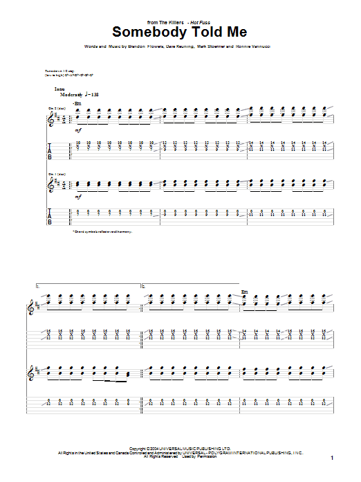 The Killers Somebody Told Me Sheet Music Notes & Chords for Guitar Lead Sheet - Download or Print PDF